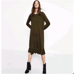 Zara Olive Green Ruffle Hem Midi Long Sleeve Dress Size S